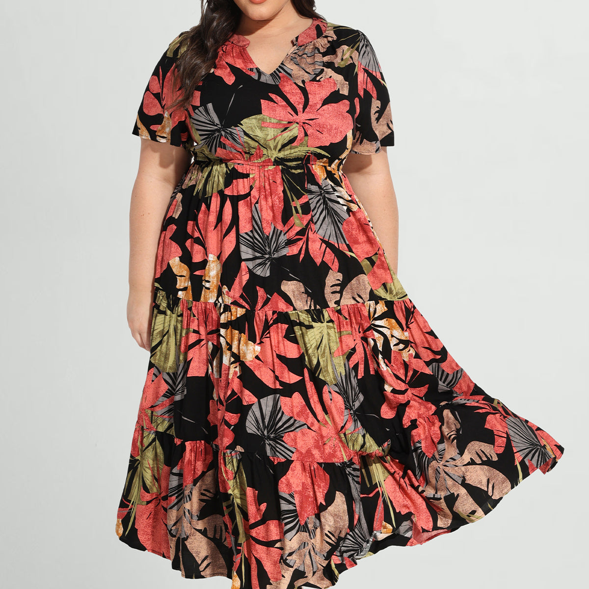 Pockets Elastic Boho Floral Midi Dress