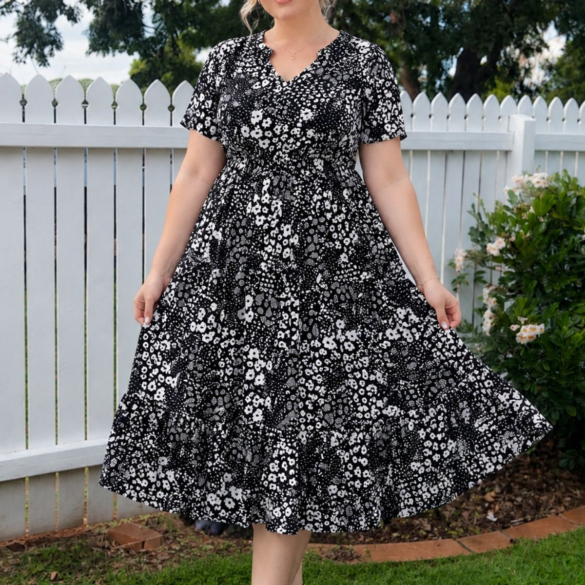 Pockets Elastic Floral Midi Dress