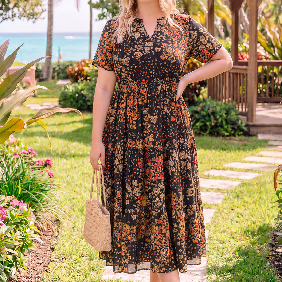Pockets Elastic Boho Floral Midi Dress