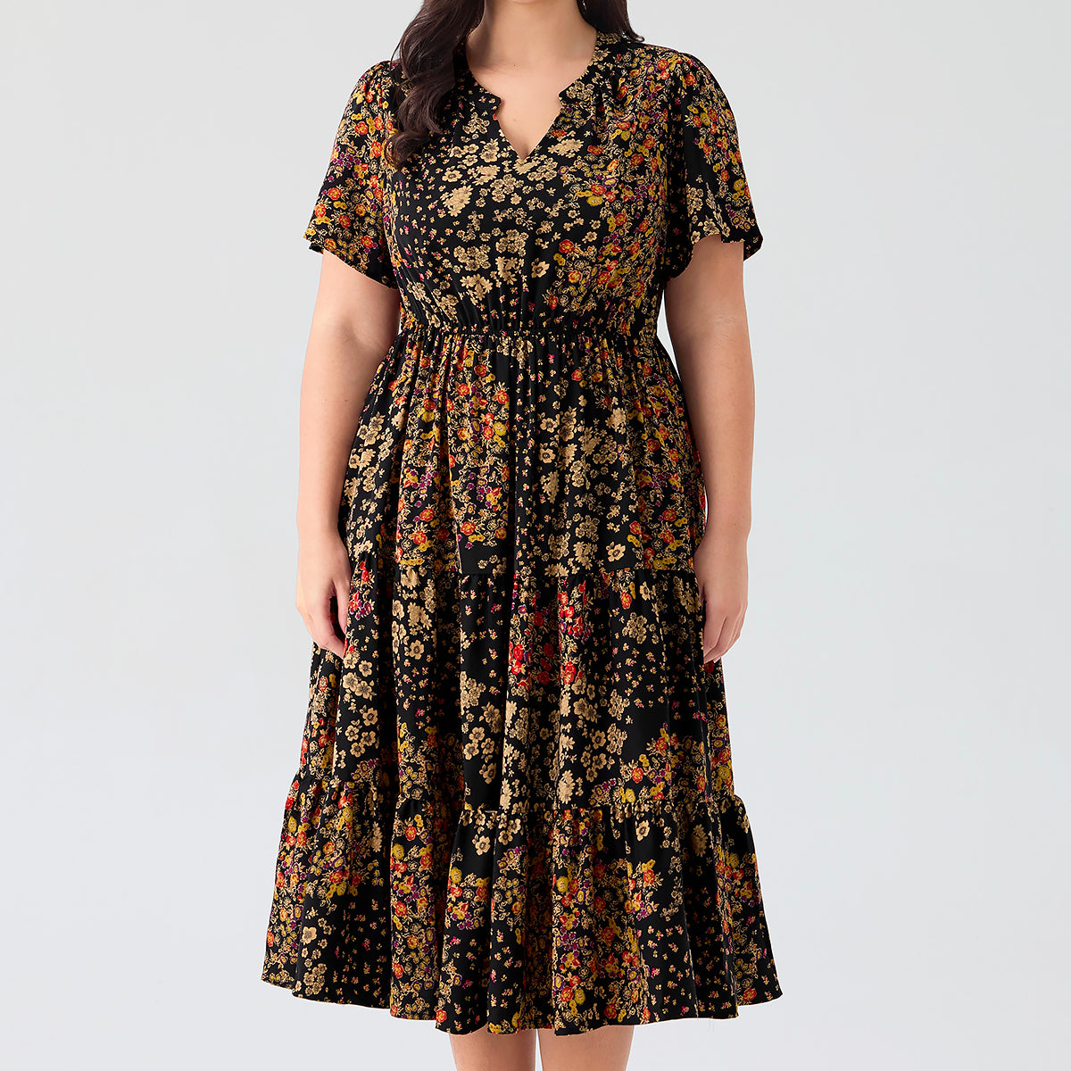 Pockets Elastic Boho Floral Midi Dress