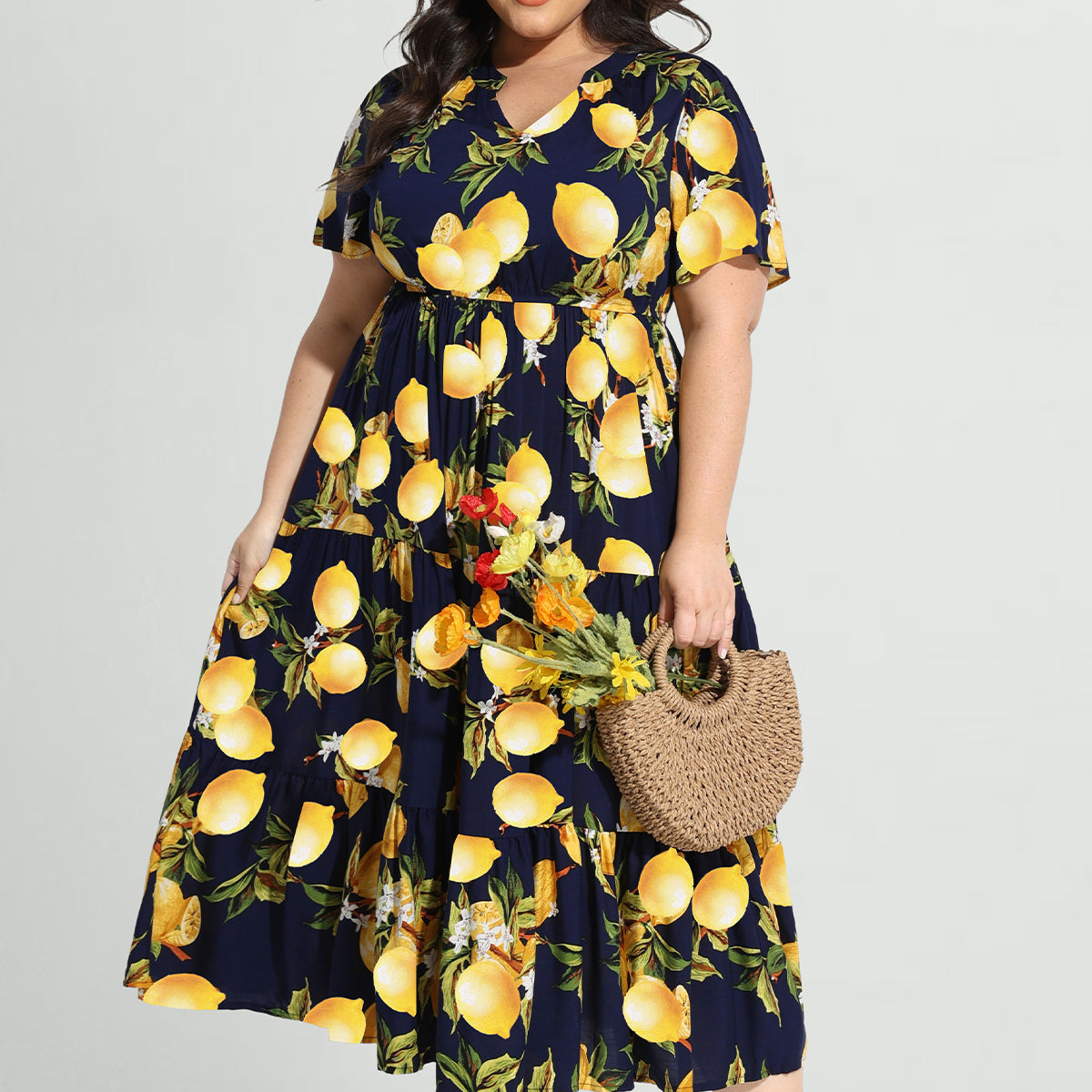 Pockets Elastic Boho Floral Midi Dress