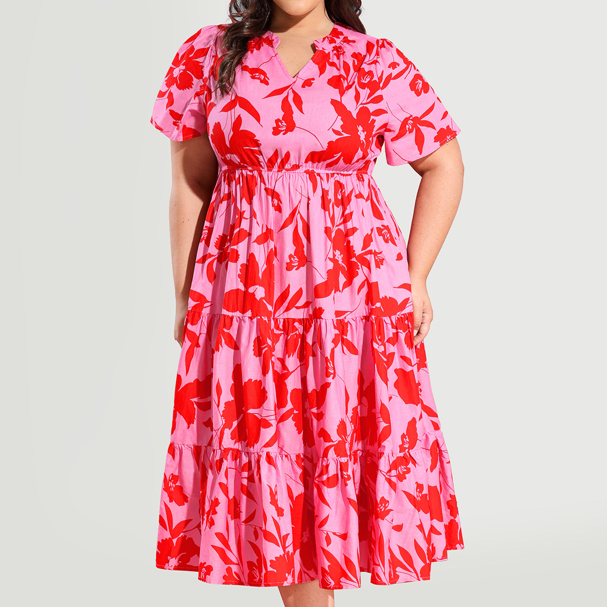 Pockets Elastic Boho Floral Midi Dress