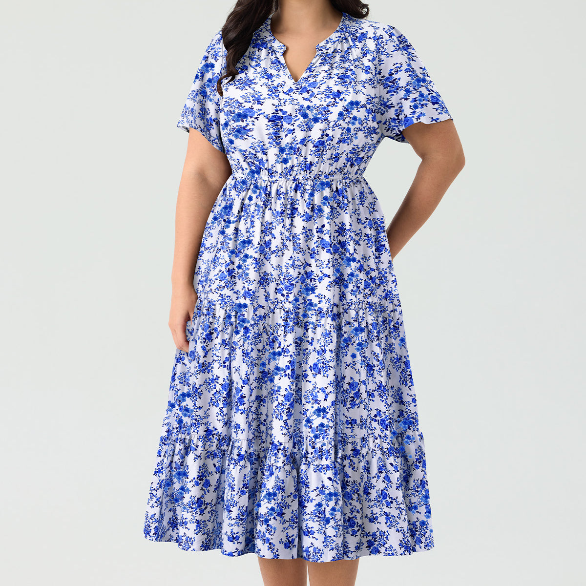 Pockets Elastic Boho Floral Midi Dress