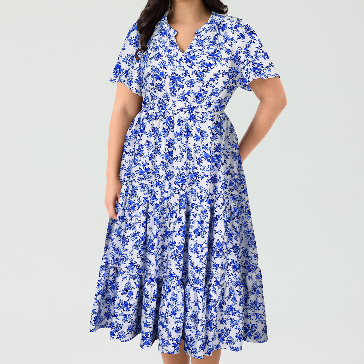 Pockets Elastic Floral Midi Dress