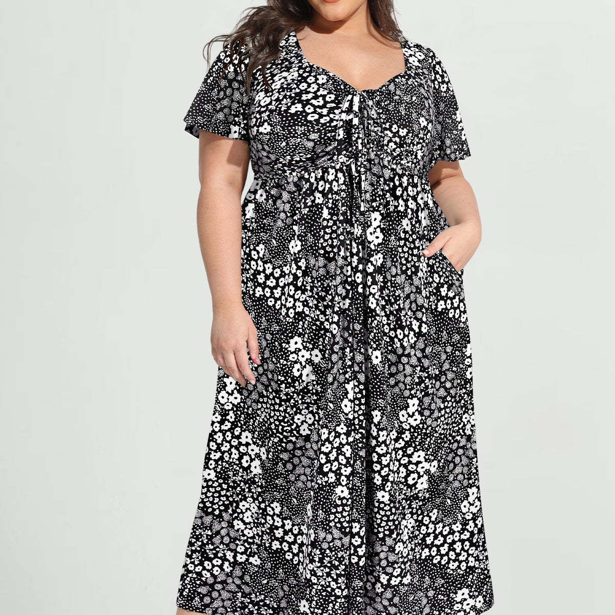 Robe mi-longue trapèze à imprimé marguerites et poches avec cordon de serrage Ritera