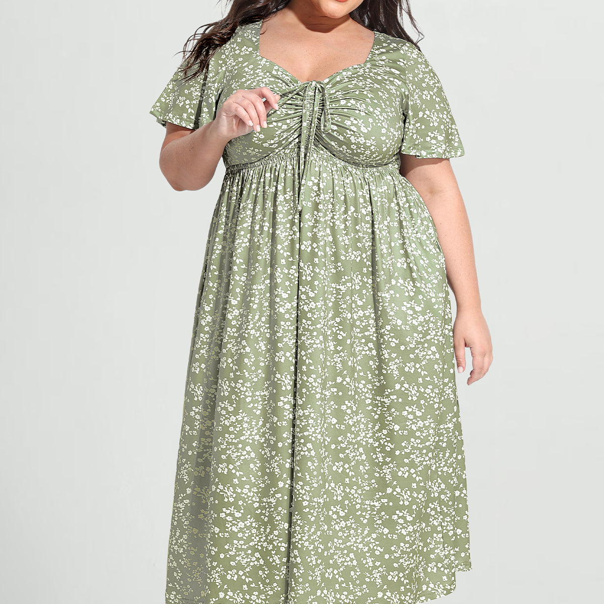 Pockets Drawstring Sweetheart Floral A-line Midi Dress