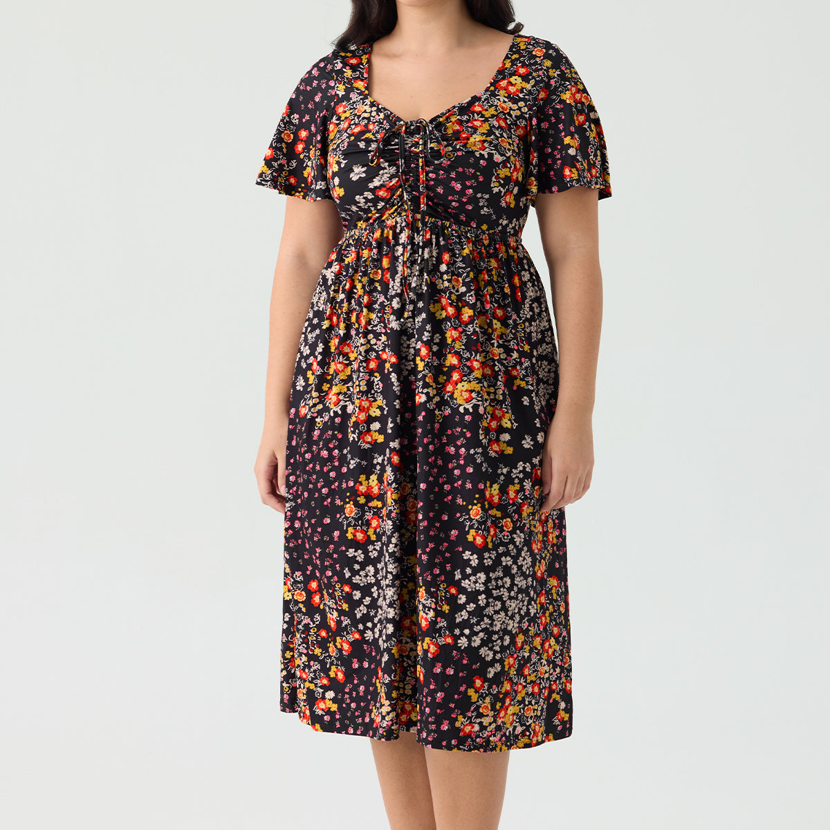 Pockets Drawstring Sweetheart Floral A-line Midi Dress