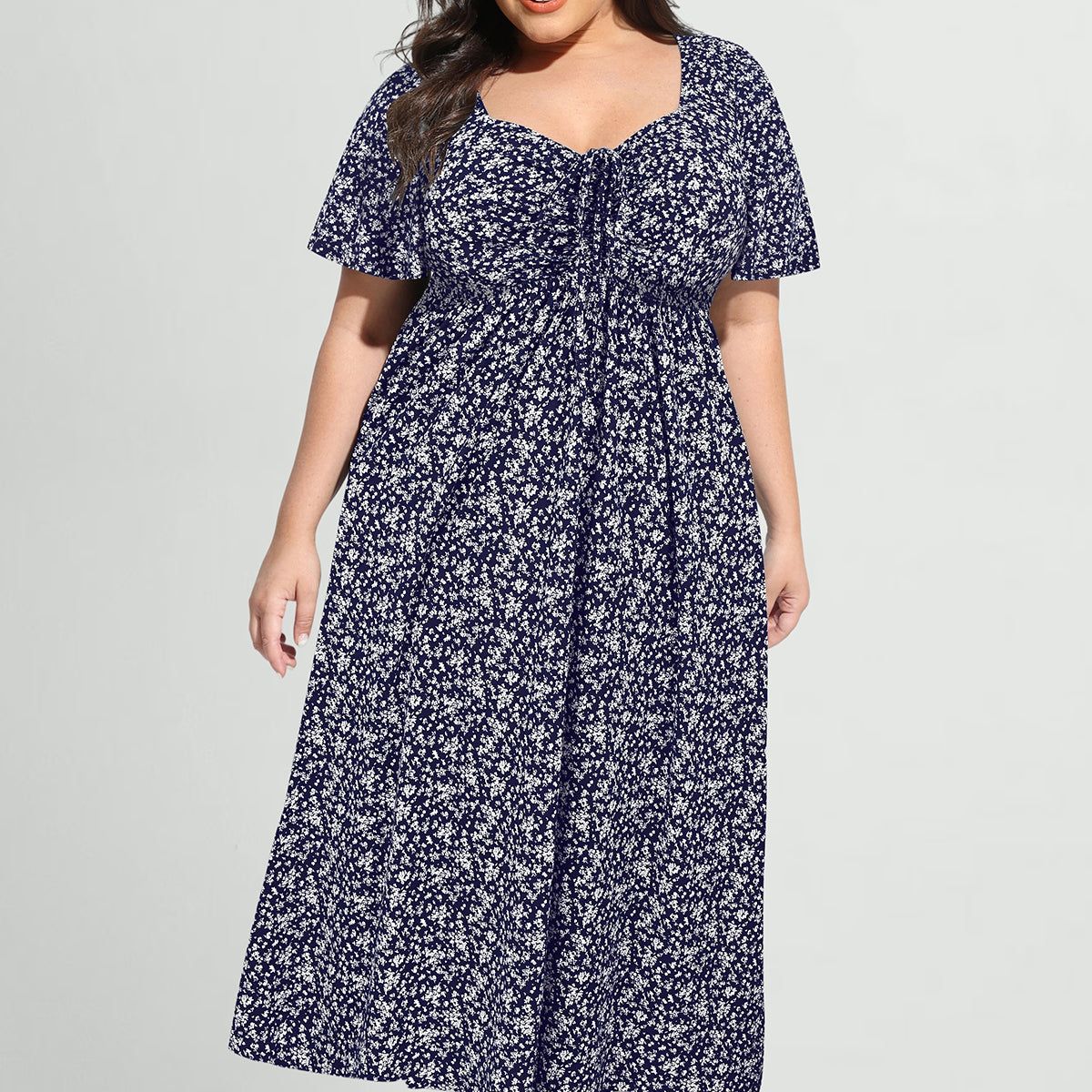 Pockets Drawstring Sweetheart Floral A-line Midi Dress
