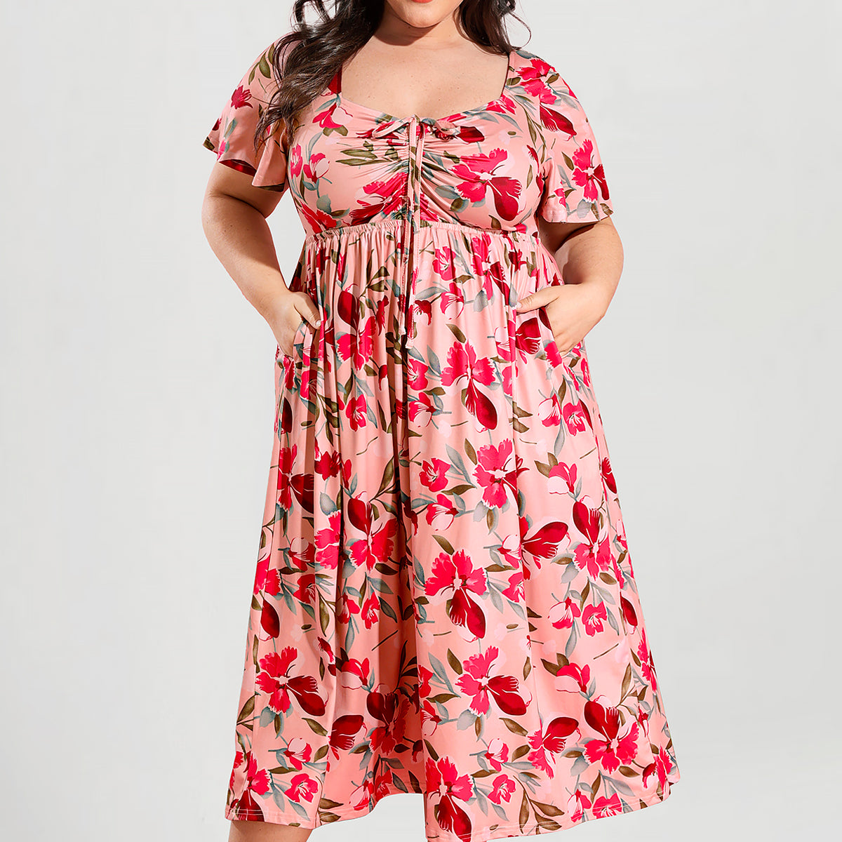 Pockets Drawstring Sweetheart Floral A-line Midi Dress