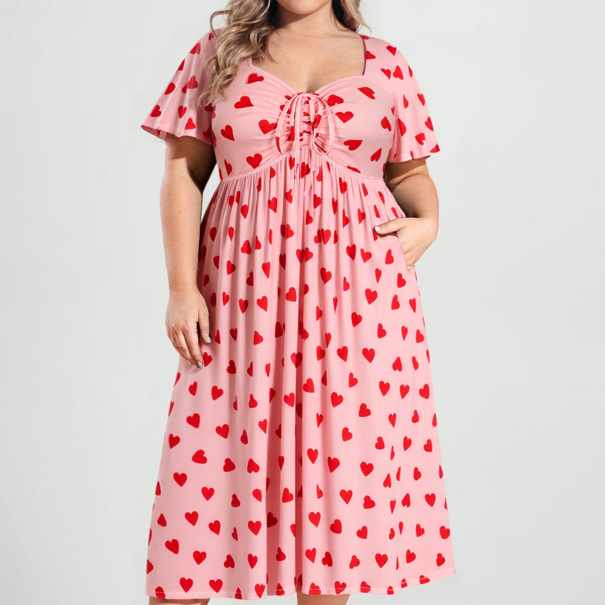 Pockets Drawstring Sweetheart Floral A-line Midi Dress