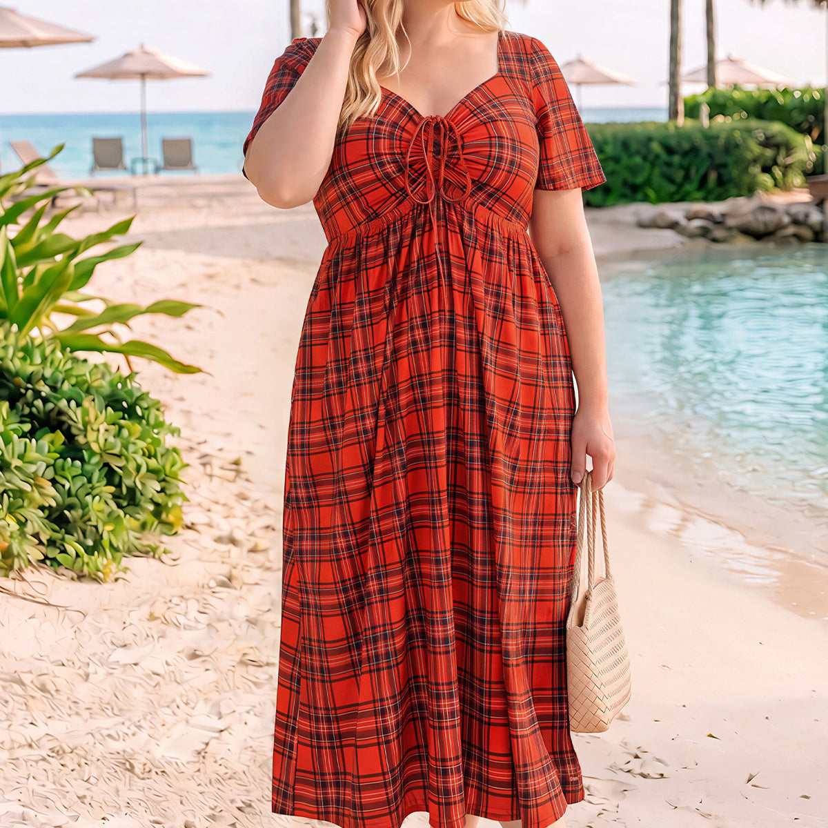 Pockets Drawstring Sweetheart Floral A-line Midi Dress