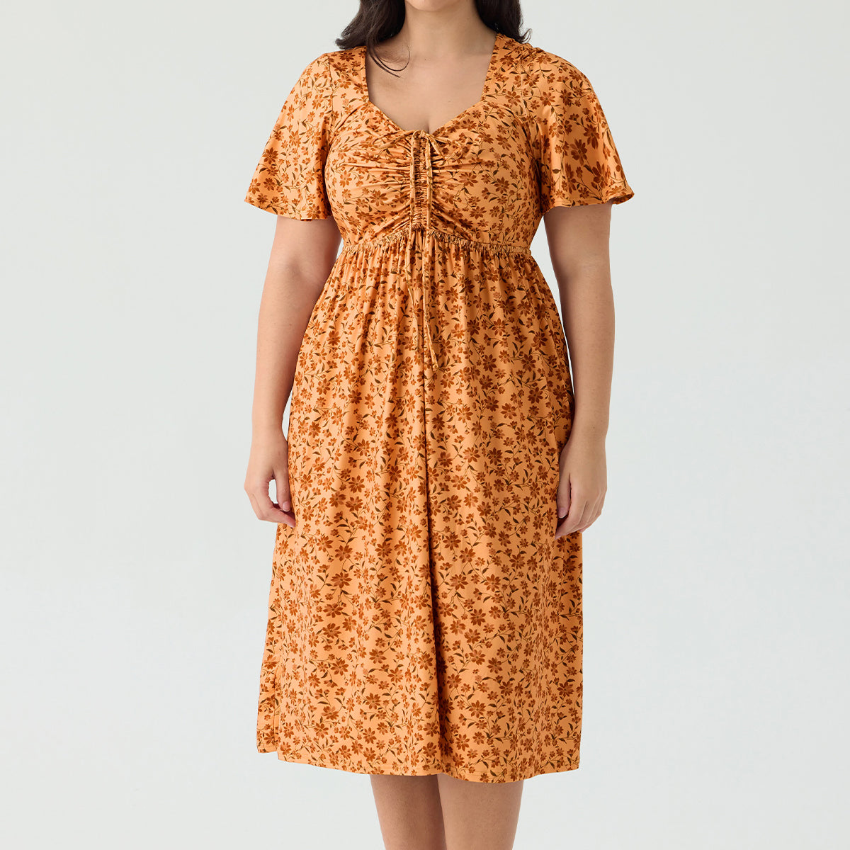 Pockets Drawstring Sweetheart Floral A-line Midi Dress