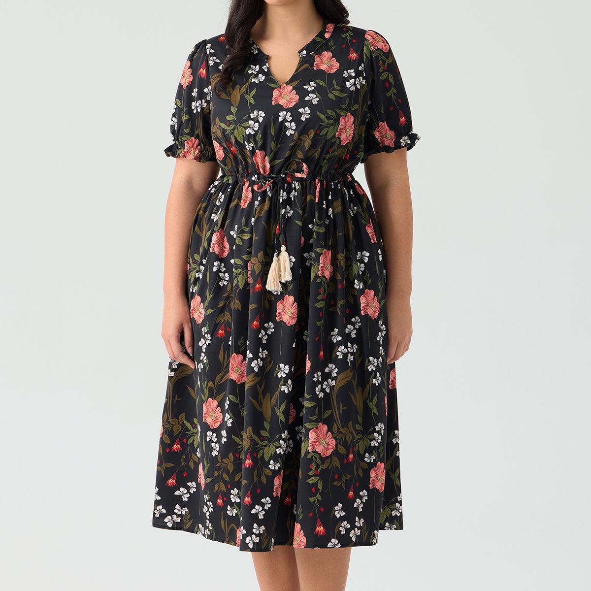 Boho Floral Print Adjustable Drawstring Waist V Neck Midi Dress