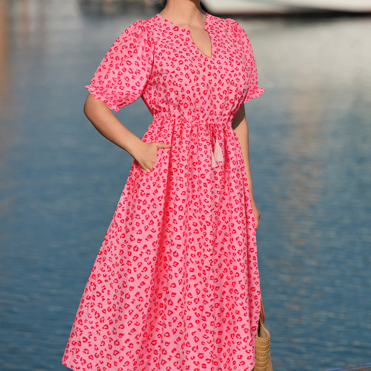 Boho Floral Print Adjustable Drawstring Waist V Neck Midi Dress