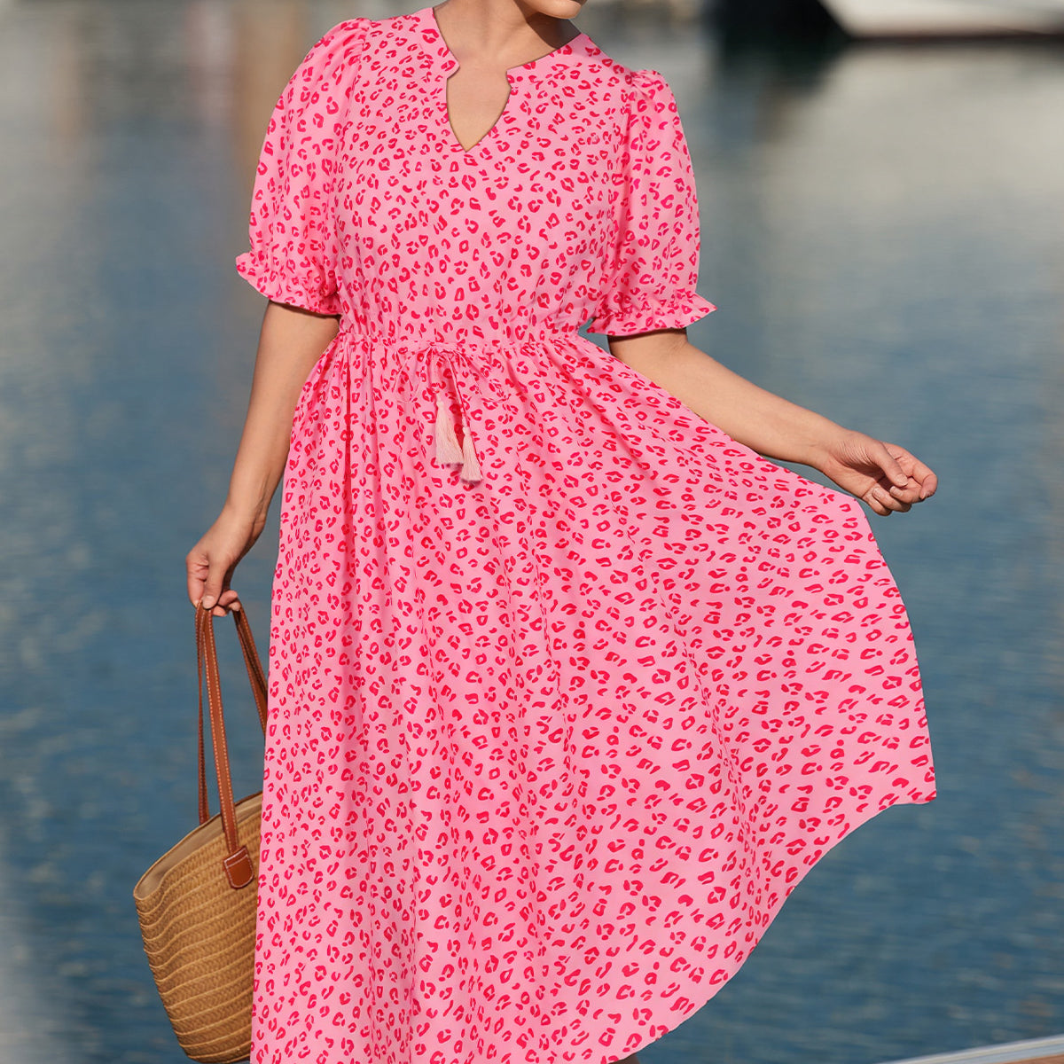 Boho Floral Print Adjustable Drawstring Waist V Neck Midi Dress
