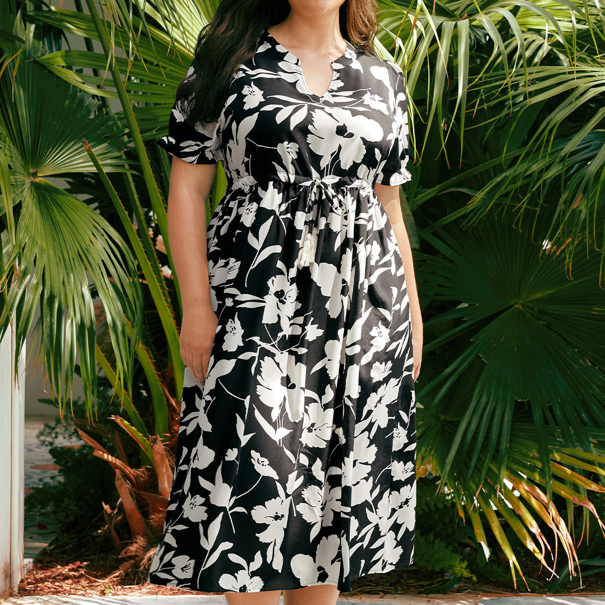 Pockets Elastic Waist Boho Midi Dress