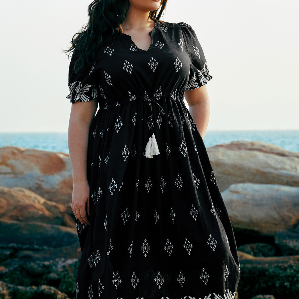 Boho Tie Waist Print Pockets Fall Mid Dress Half Sleeve main image 0