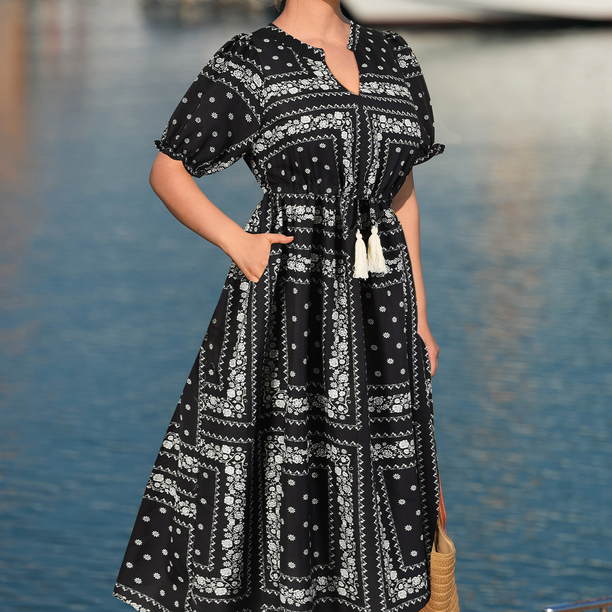 Boho Floral Print Adjustable Drawstring Waist V Neck Midi Dress