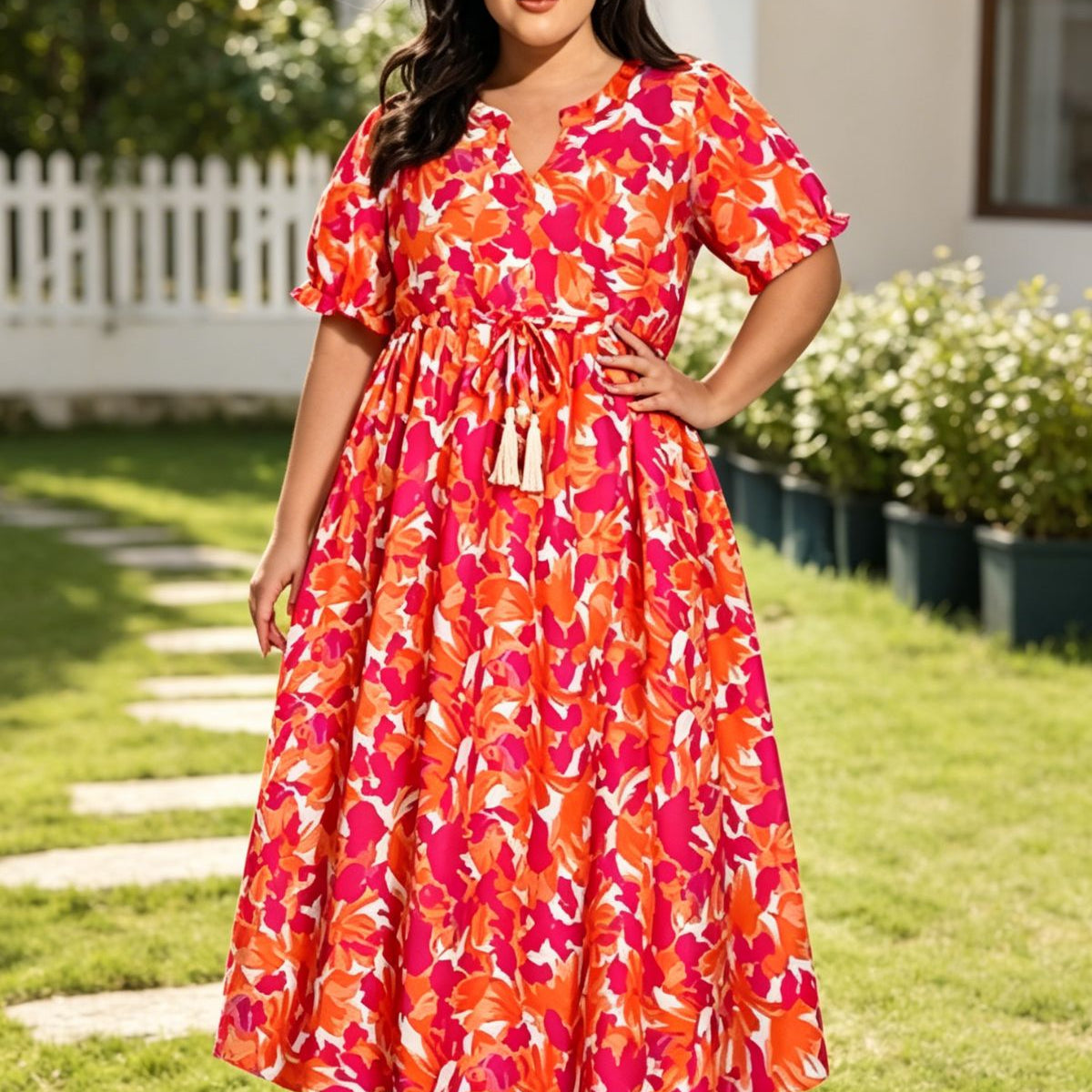 Boho Floral Print Adjustable Drawstring Waist V Neck Midi Dress