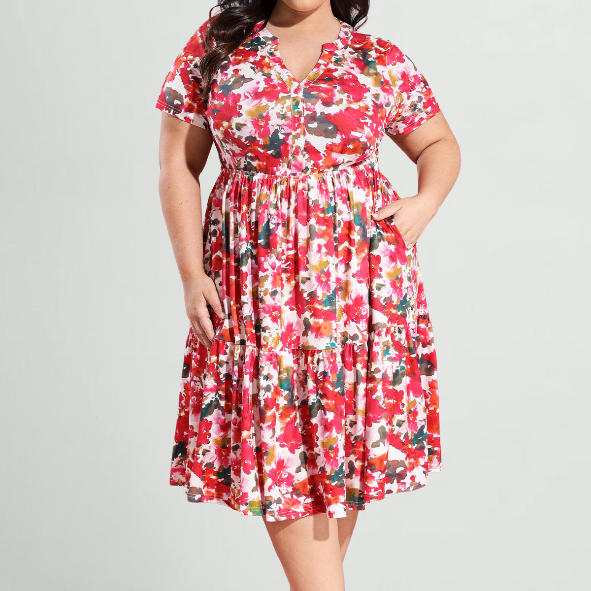 Robe mi-longue trapèze boutonnée à fleurs avec poches Ritera