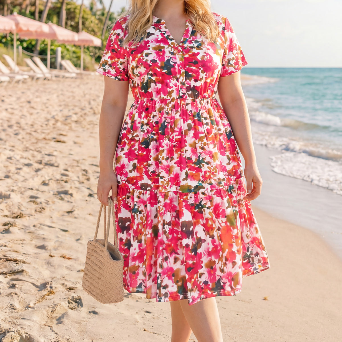 Pockets Button Up Tiered A-line Midi Dress