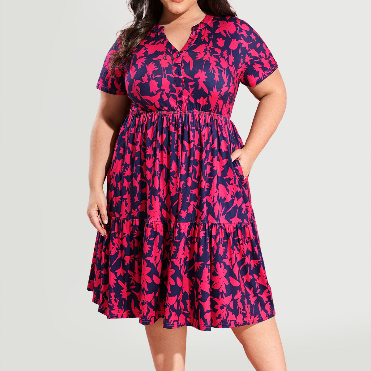 Robe mi-longue trapèze boutonnée à fleurs avec poches Ritera