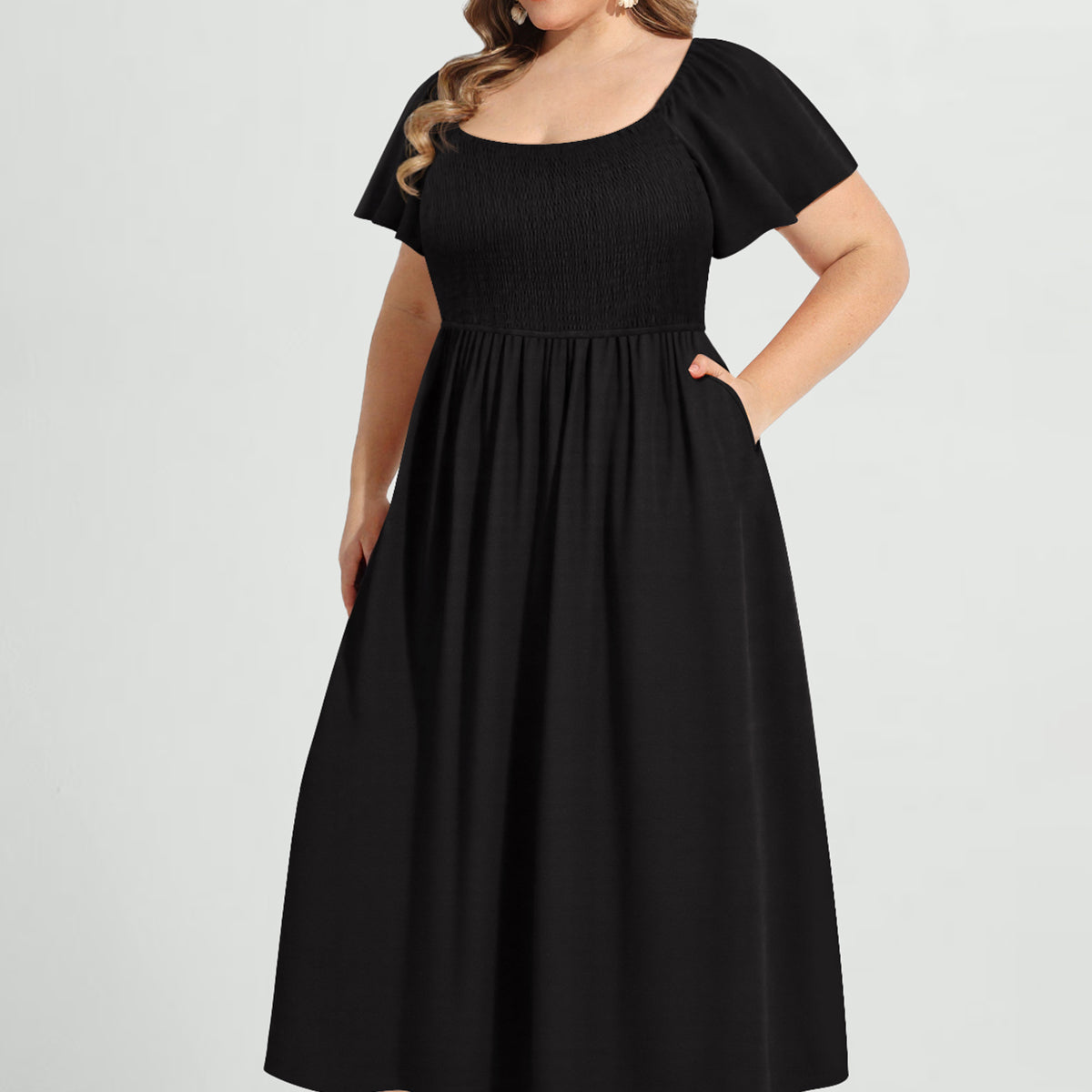 Pockets Elastic Square Neck Floral Midi Dress