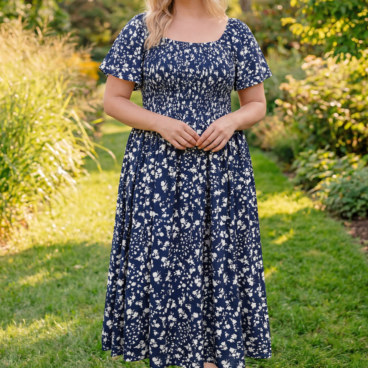 Square Neck Floral Print Smocked Waist Midi Dress