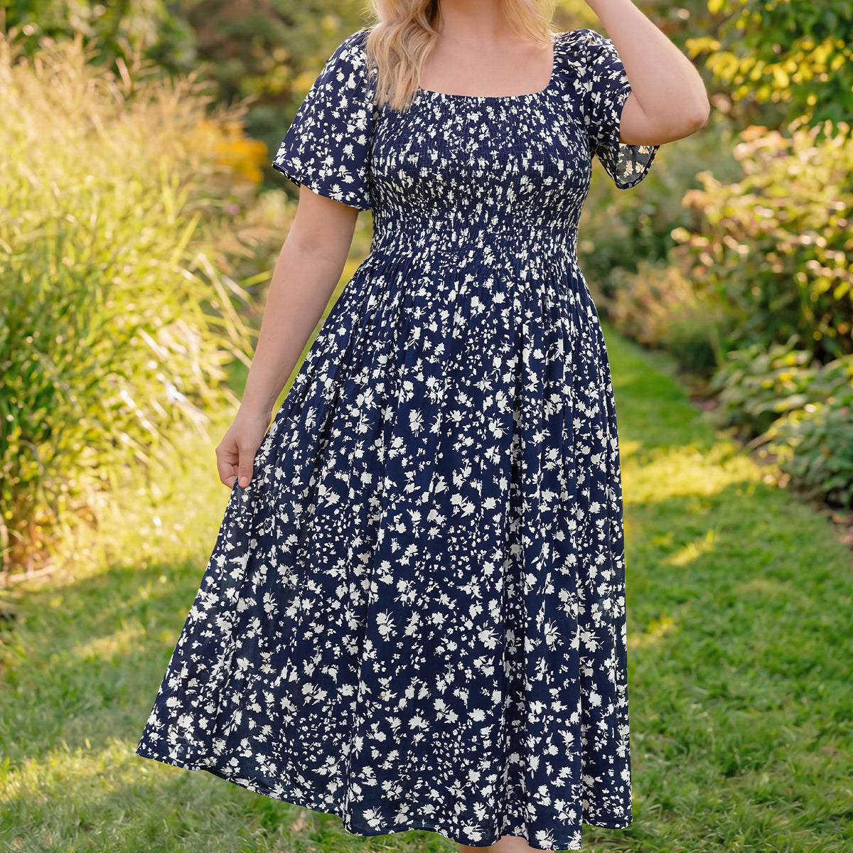 Square Neck Floral Print Smocked Waist Midi Dress