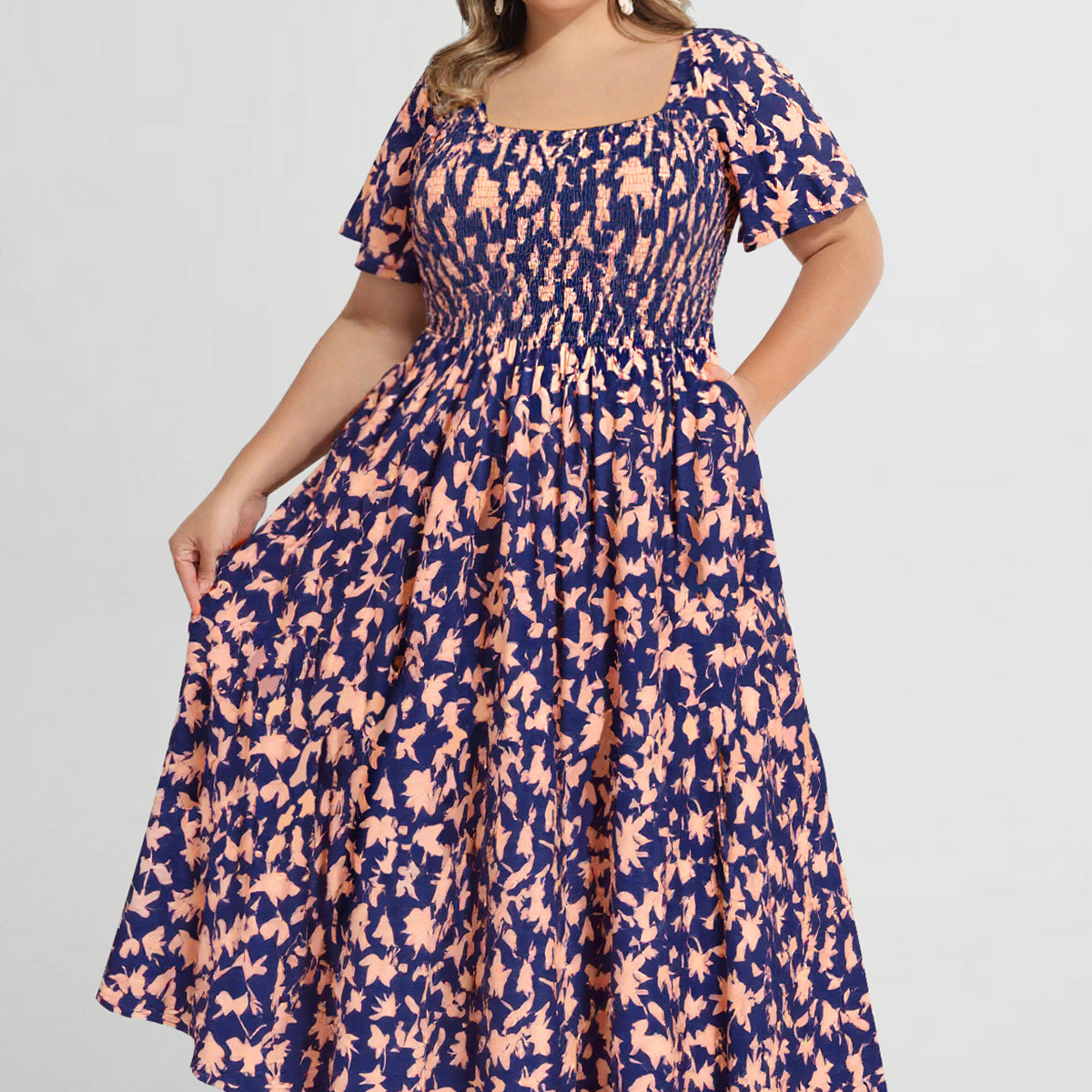 Pockets Elastic Square Neck Floral Midi Dress
