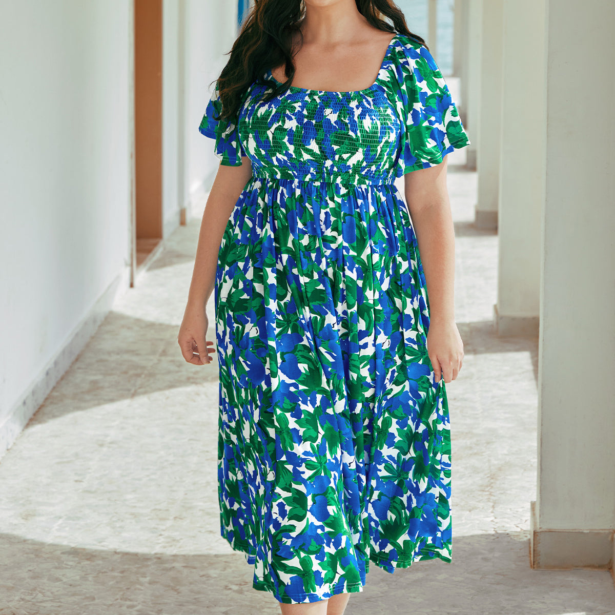 Pockets Elastic Square Neck Floral Midi Dress