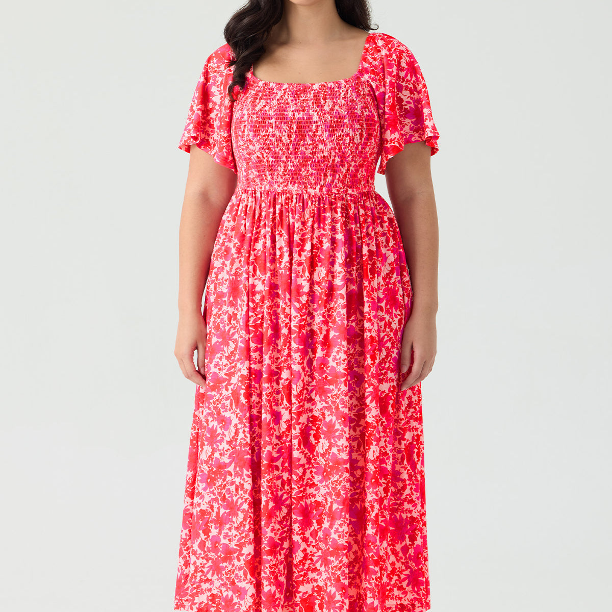 Pockets Elastic Square Neck Floral Midi Dress