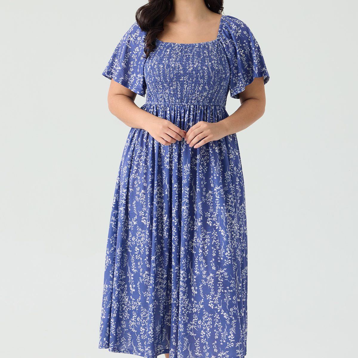 Pockets Elastic Square Neck Floral Midi Dress