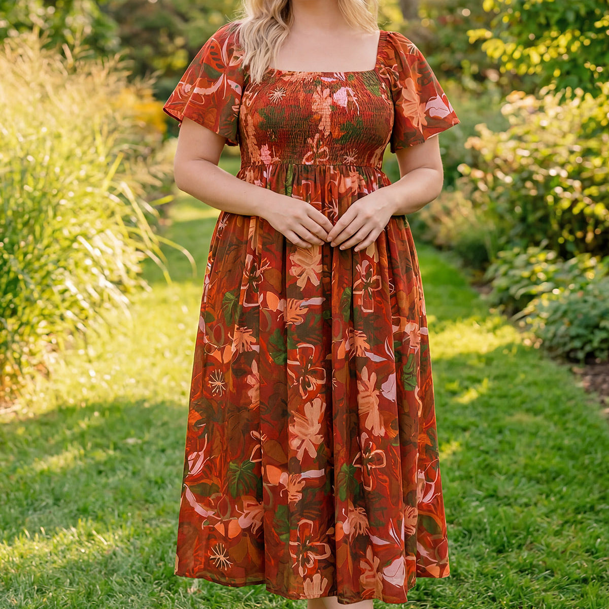 Square Neck Floral Print Smocked Waist Midi Dress