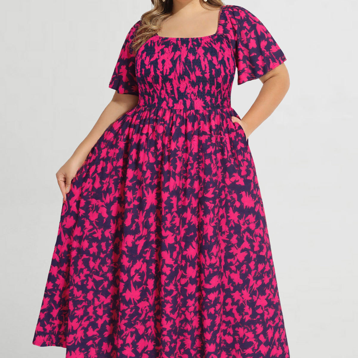 Pockets Elastic Square Neck Floral Midi Dress