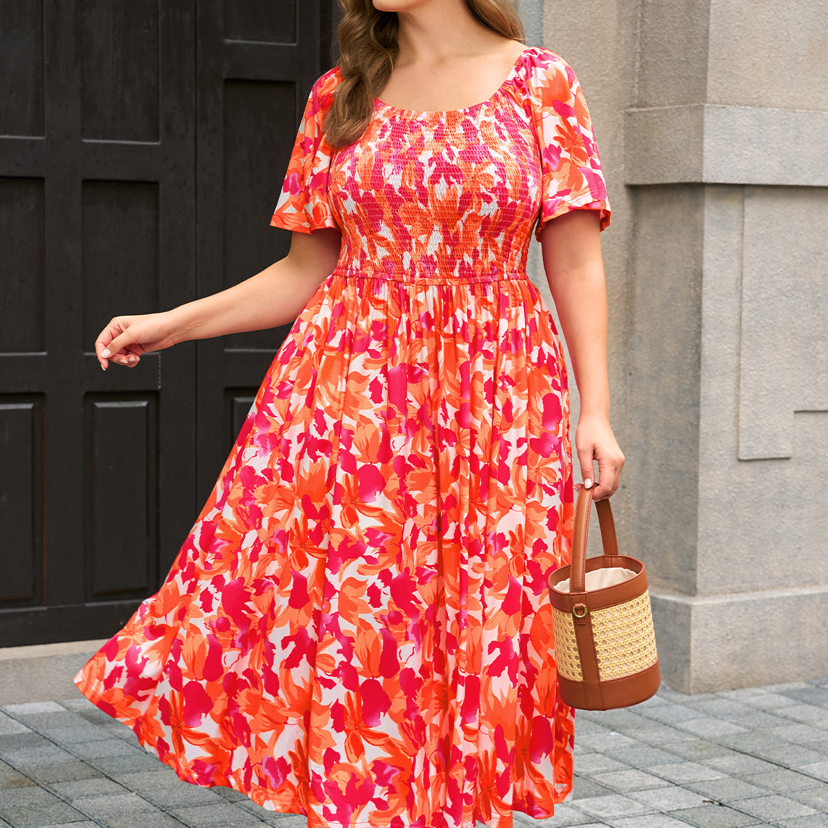 Square Neck Floral Print Smocked Waist Midi Dress