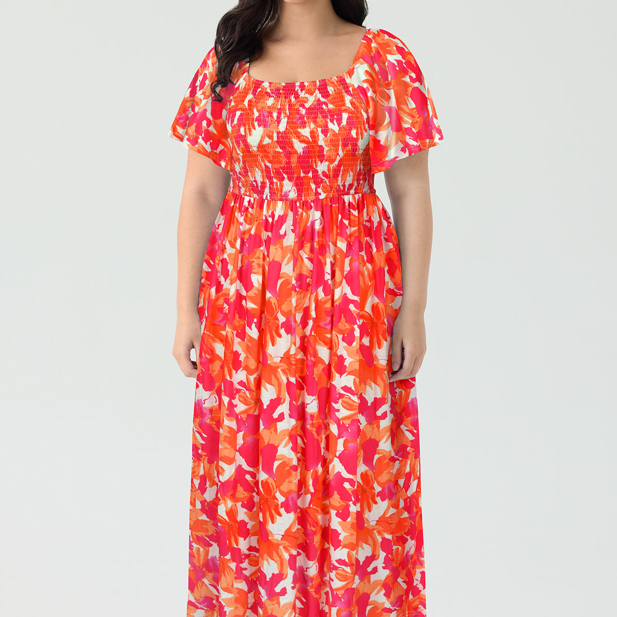 Pockets Elastic Square Neck Floral Midi Dress