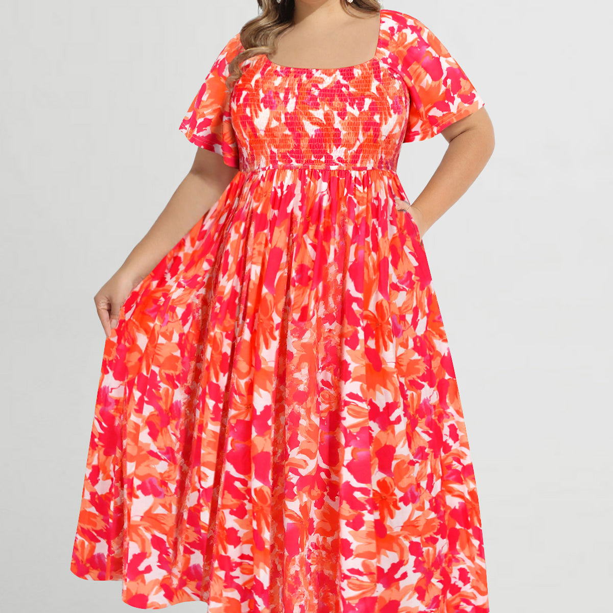 Pockets Elastic Square Neck Floral Midi Dress