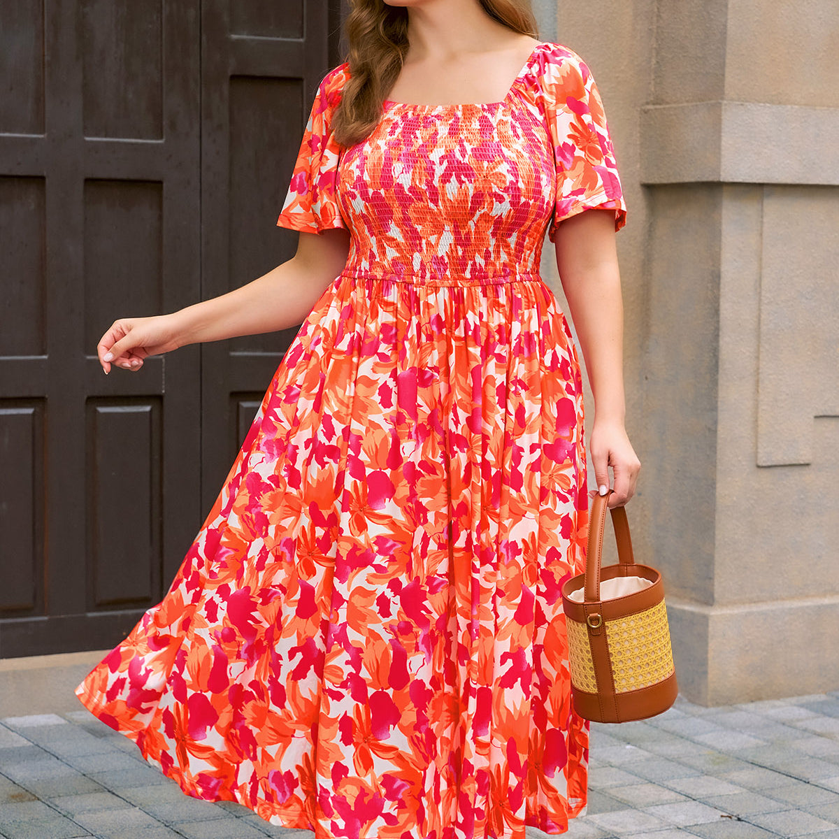 Square Neck Floral Print Smocked Waist Midi Dress
