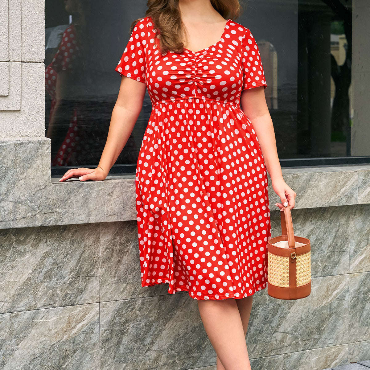 Red Polka Dot Ruched Sweetheart Midi Dress