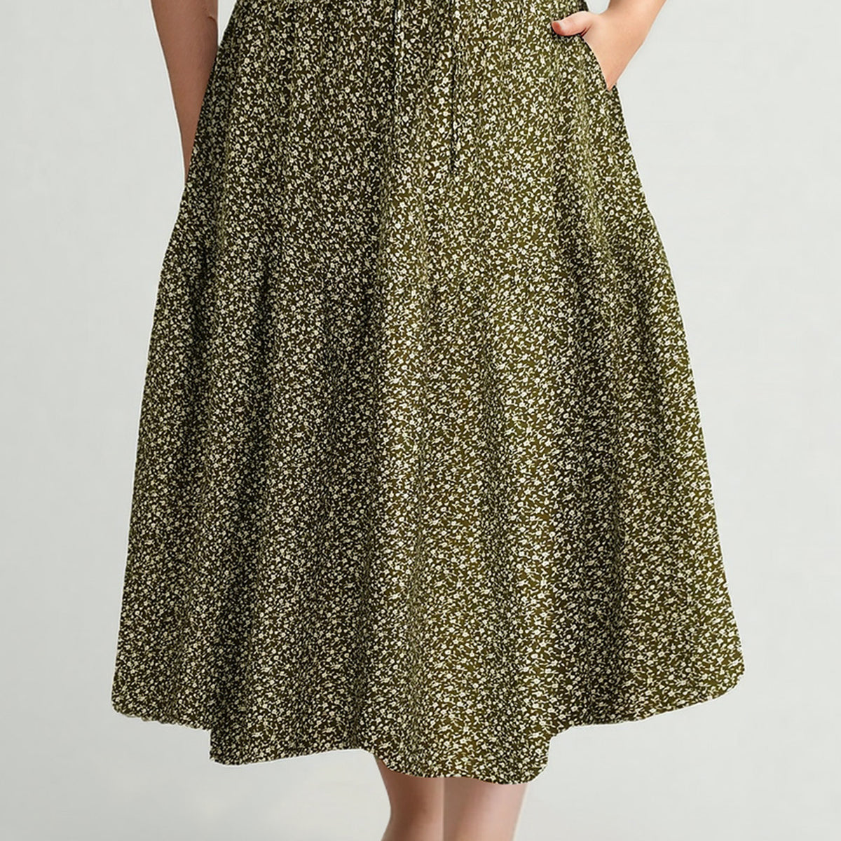 Ritera Pockets Drawstring Speckled Print A-Line Midi Skirt