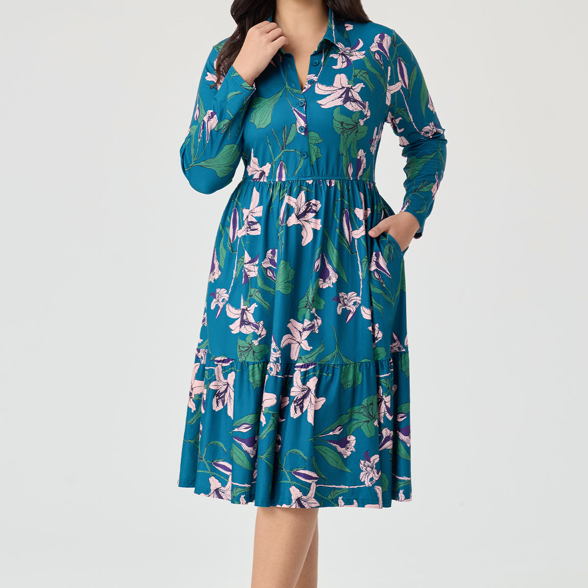Heart Print Button-Front Belted Midi Dress