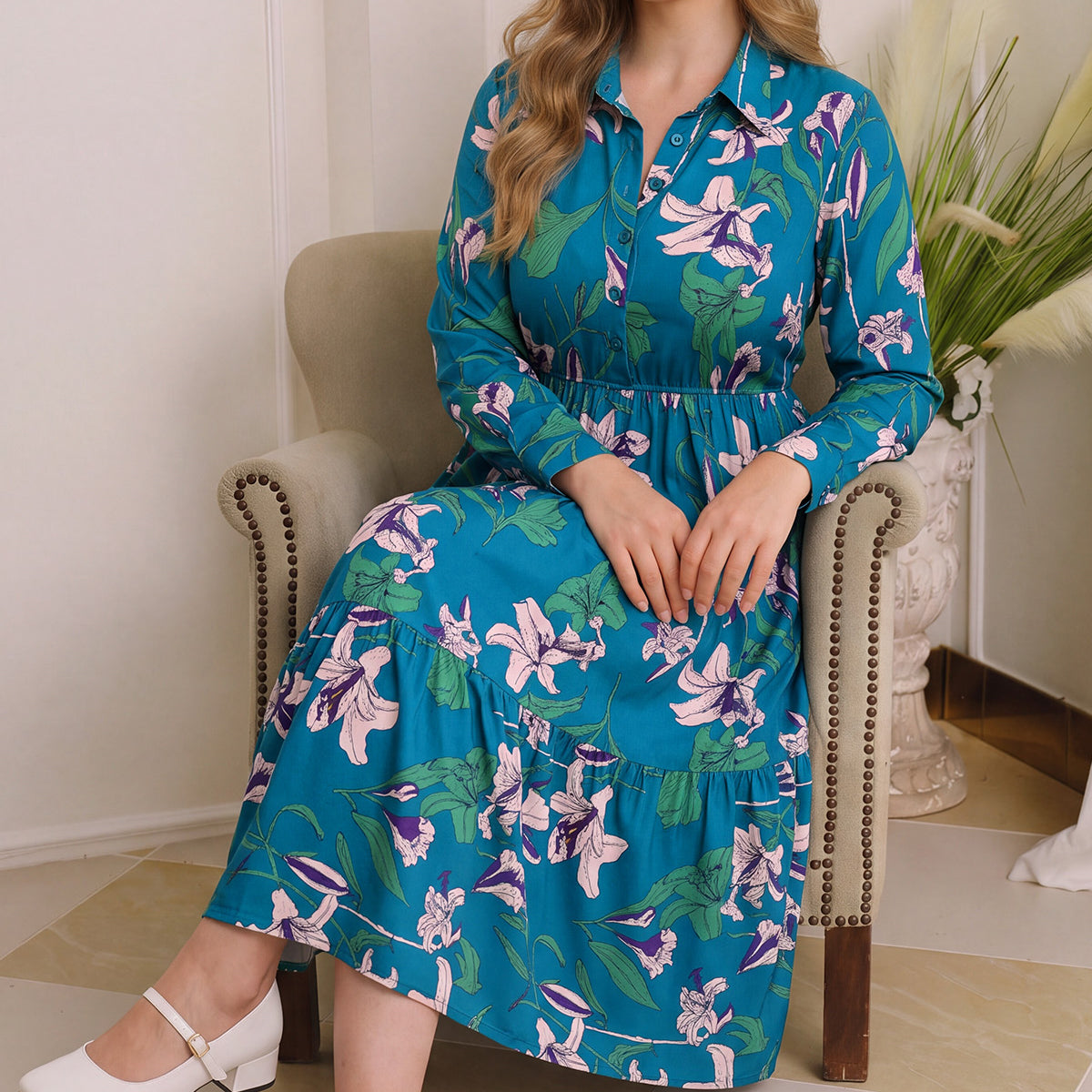 Pockets Floral Tiered Ruched Shirt Collar Midi Dress
