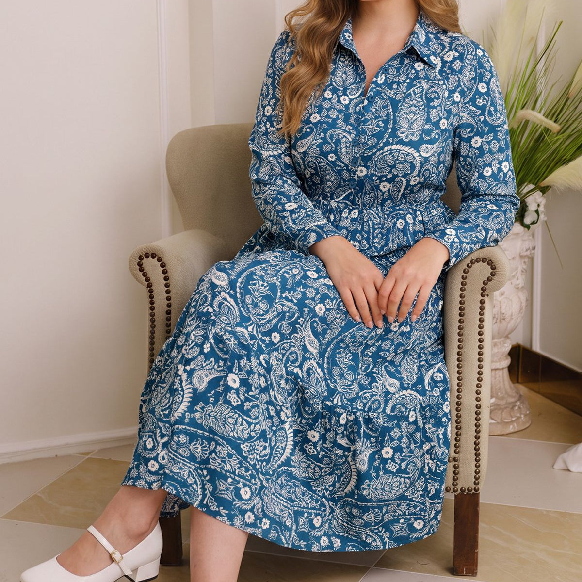 Pockets Gingham Check Print Tiered Midi Dress