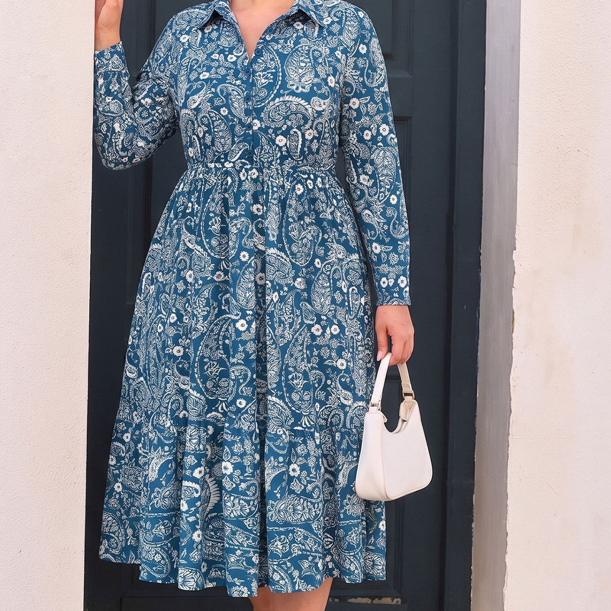 Floral Print Shirt Collar Long Sleeve Tiered Midi Dress