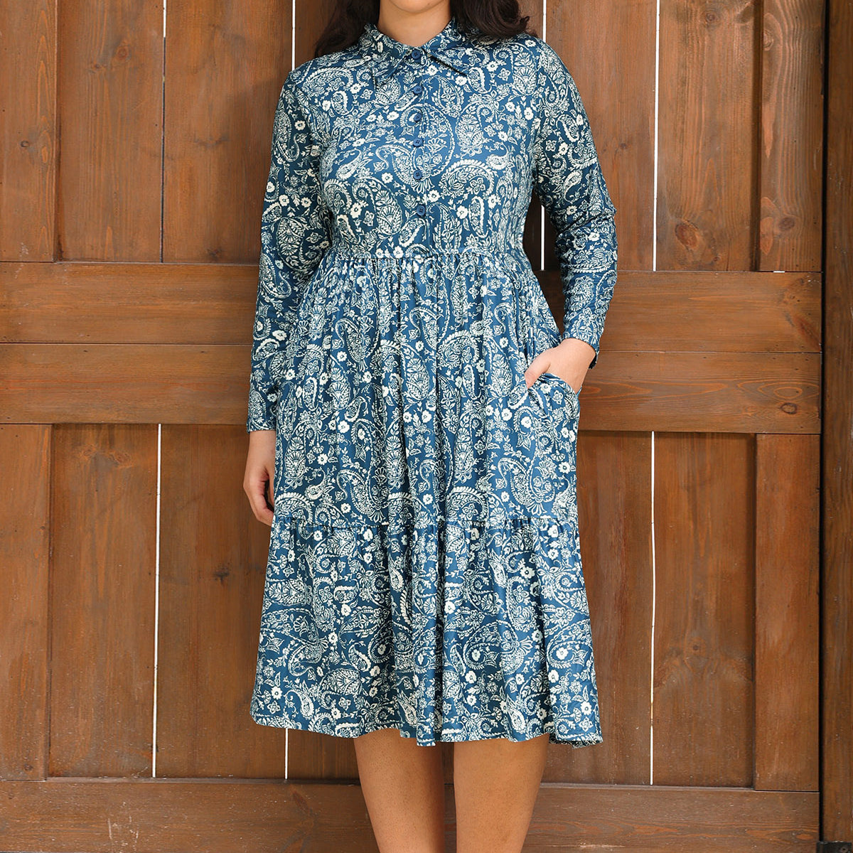 Heart Print Button-Front Belted Midi Dress
