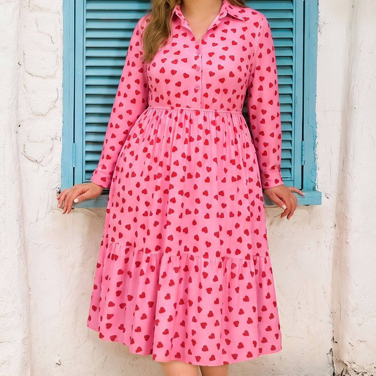 Floral Print Shirt Collar Long Sleeve Tiered Midi Dress