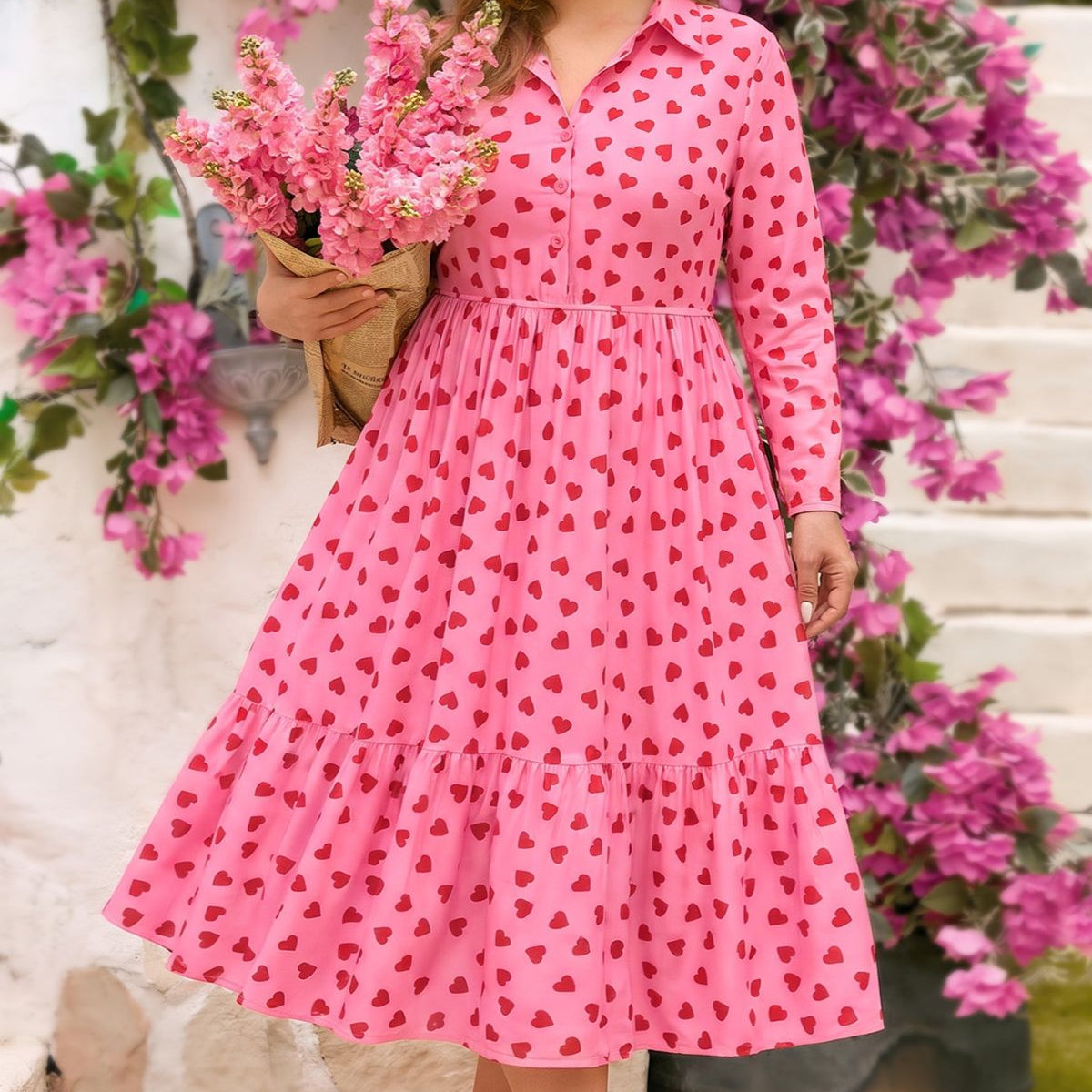 Pockets Floral Tiered Ruched Shirt Collar Midi Dress