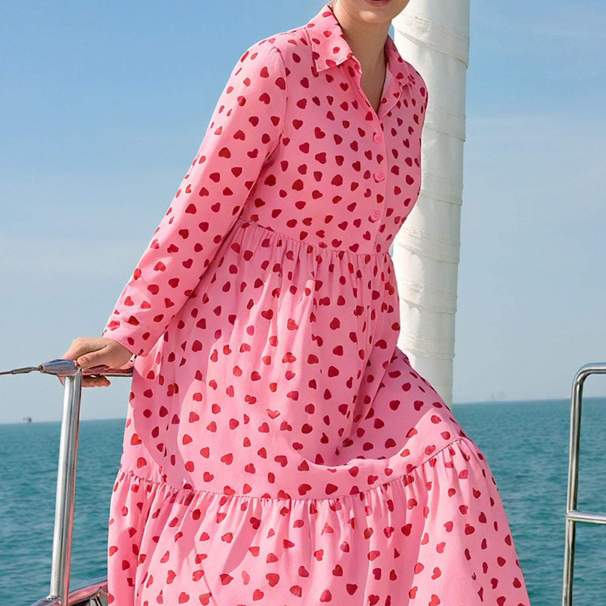 Heart Print Button-Front Belted Midi Dress