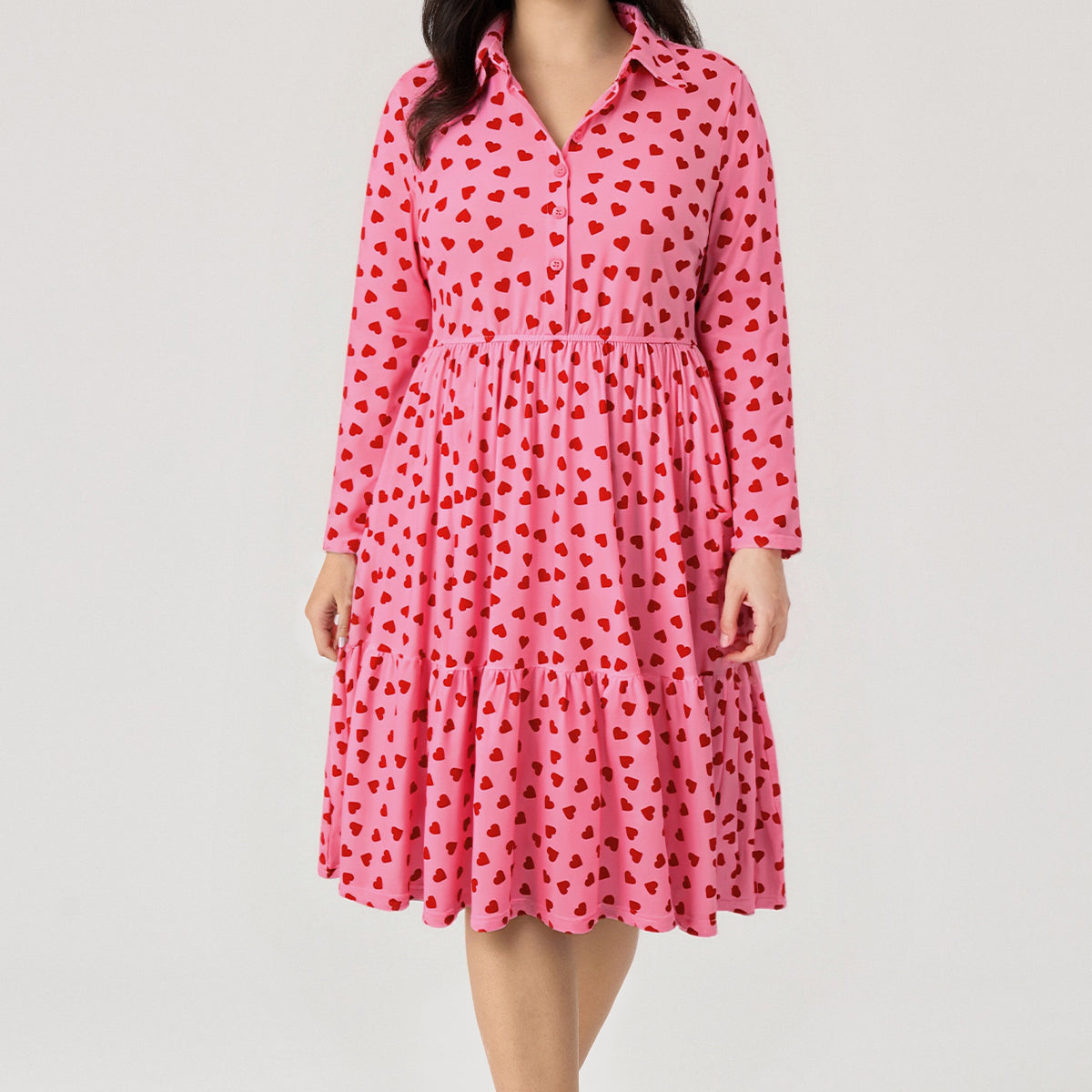 Heart Print Button-Front Belted Midi Dress